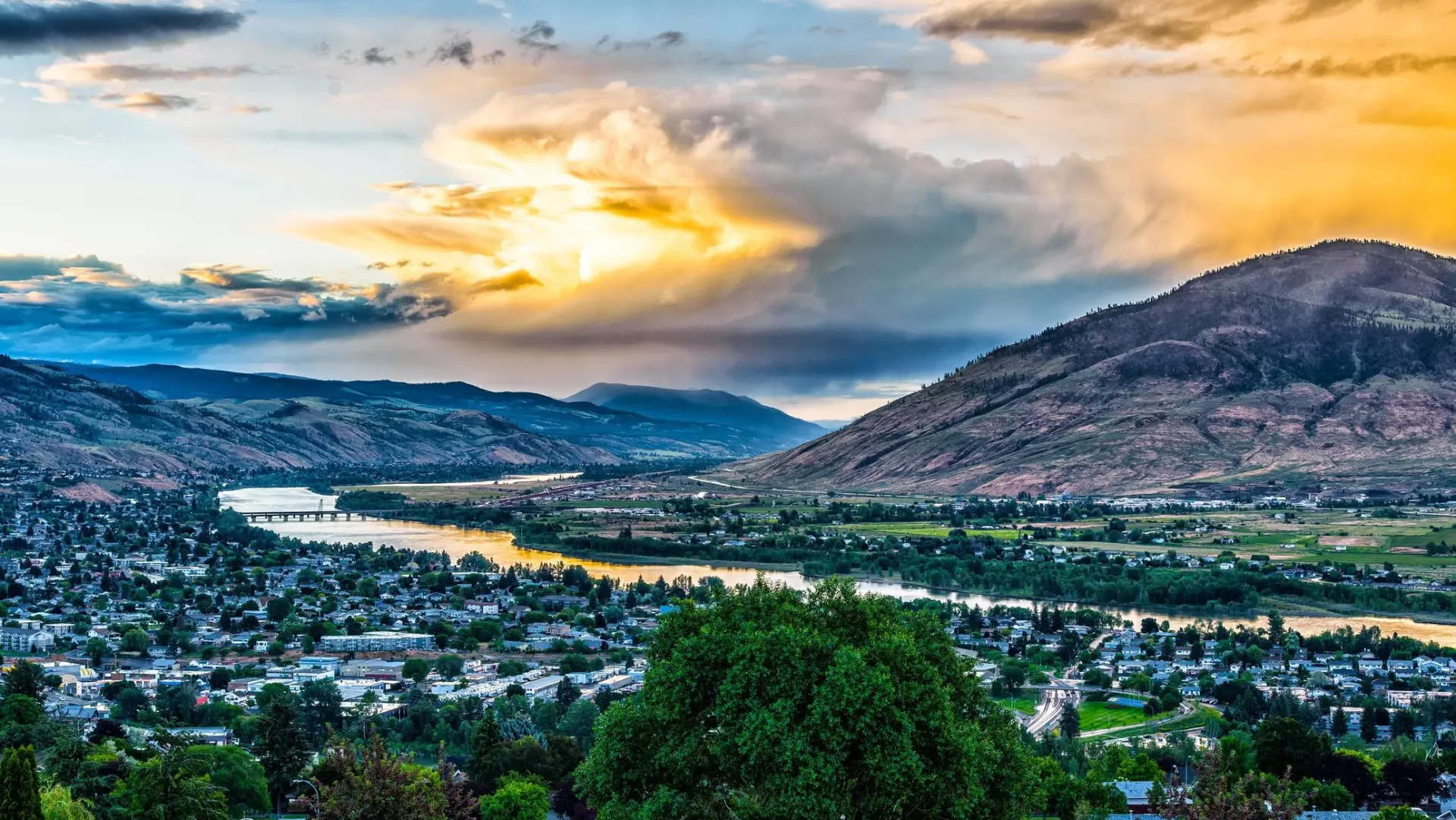 Kamloops valley and Thompson River at sunset
